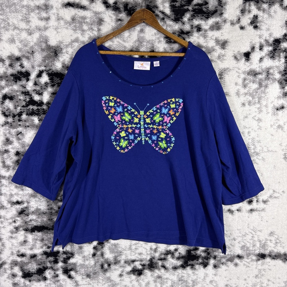 Quacker Factory Top Womens Size 2X Blue Navy Butterfly Cotton Casual